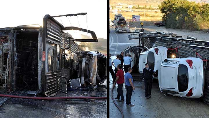 Ankara'da otomobil ykl TIR devrildi