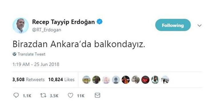 Cumhurbakan Erdoan balkon konumasn yapacan Twitter'dan duyurdu