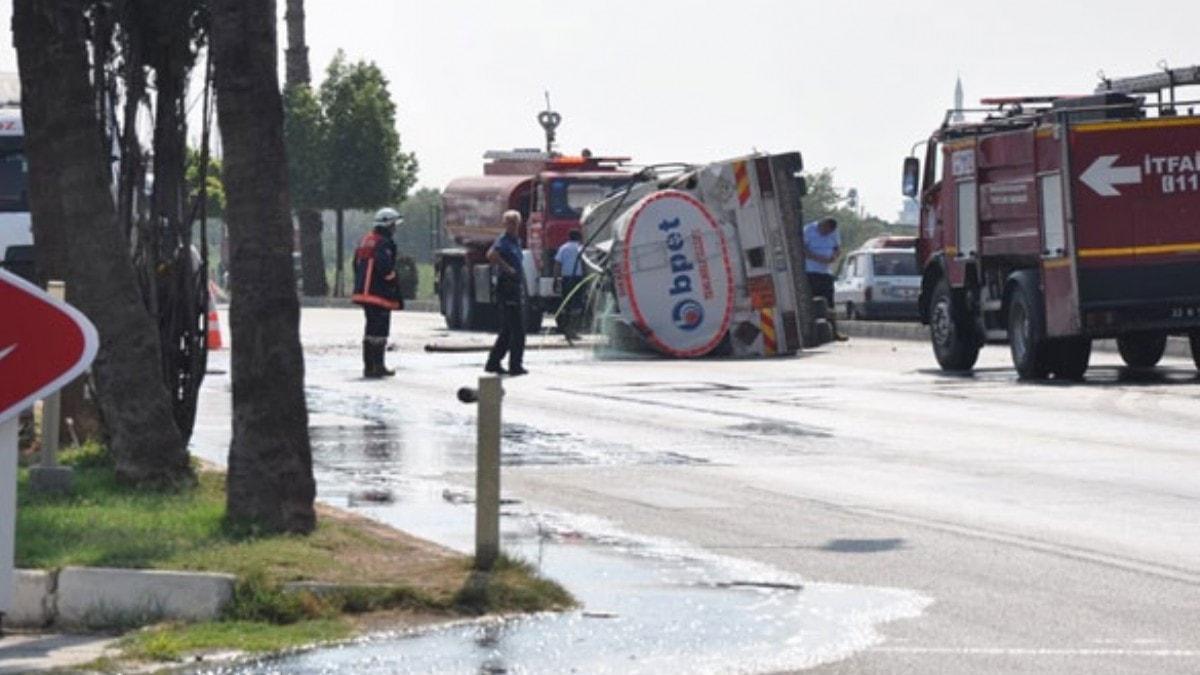 Mazot ykl tanker devrildi, 8 bin litre yakt yola akt