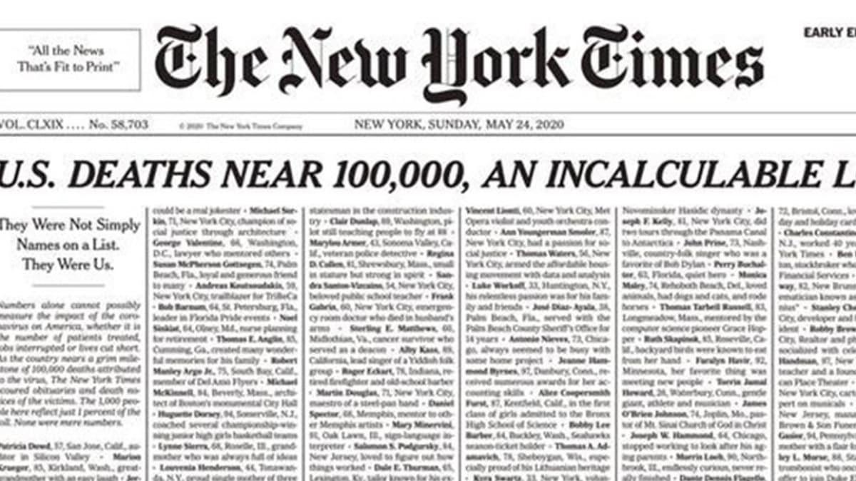 New York Times'tan dikkat eken manet: Koronavirsten lenlerin isimlerine yer verdi