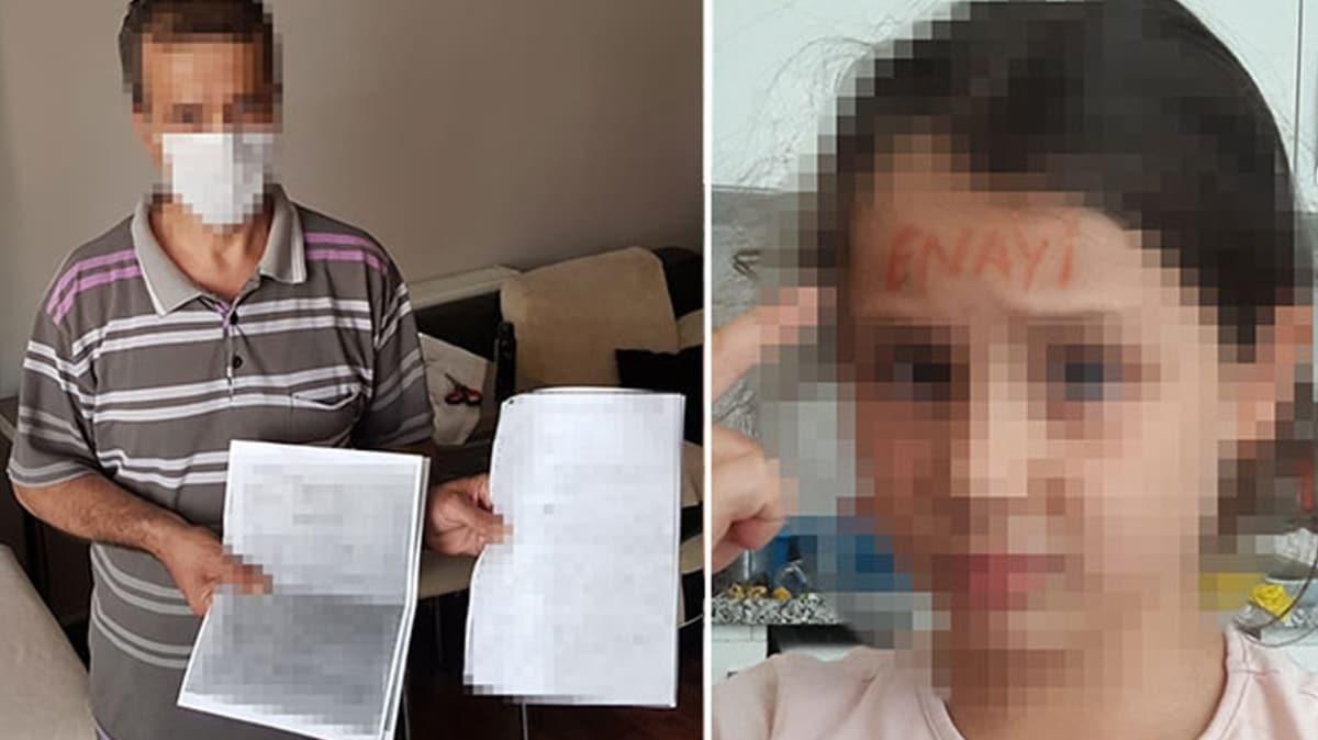 Cinsel istismara urad iddia edilen kznn alnna 'enayi' yazp fotorafn gnderdi