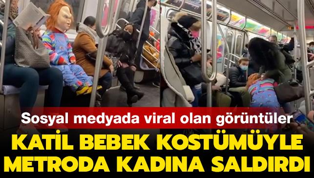 Sosyal medyada viral olan grntler: Chucky kostmyle metroda kadna saldrd