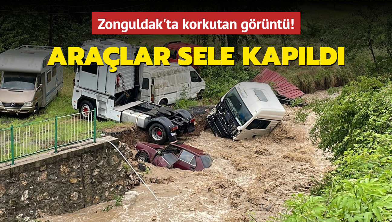 Zonguldak'ta korkutan görüntü! Dere taştı, araçlar sele kapıldı