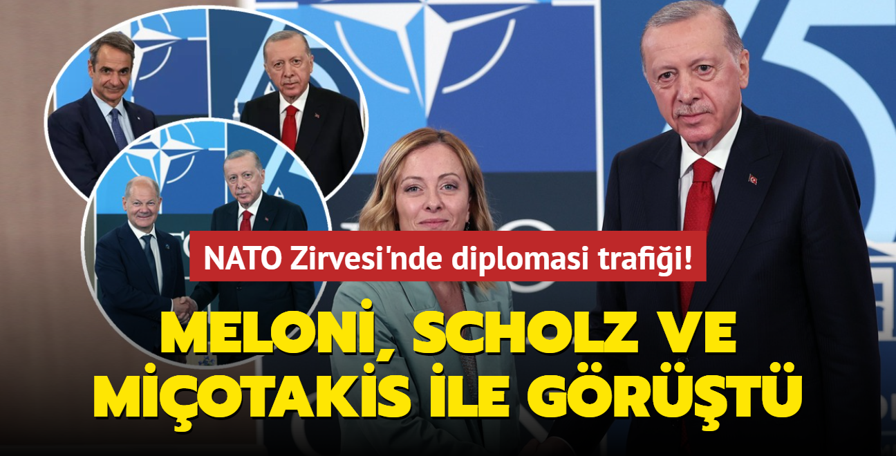 NATO Zirvesi'nde diplomasi trafii! Bakan Erdoan, Meloni, Scholz ve Miotakis ile grt