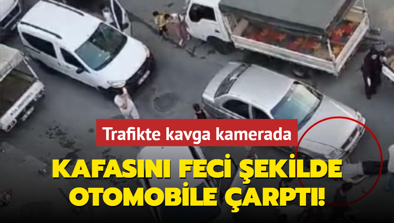 Trafikte kavga kamerada: Bir yumrukla kafasn feci ekilde otomobile arpt!