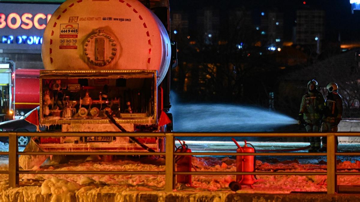 Ankara'da korkutan anlar; akaryakt istasyonundaki LPG tankerinde sznt