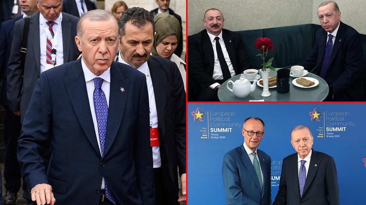 Tiran'da diplomasi trafii! Bakan Erdoan liderlerle grt
