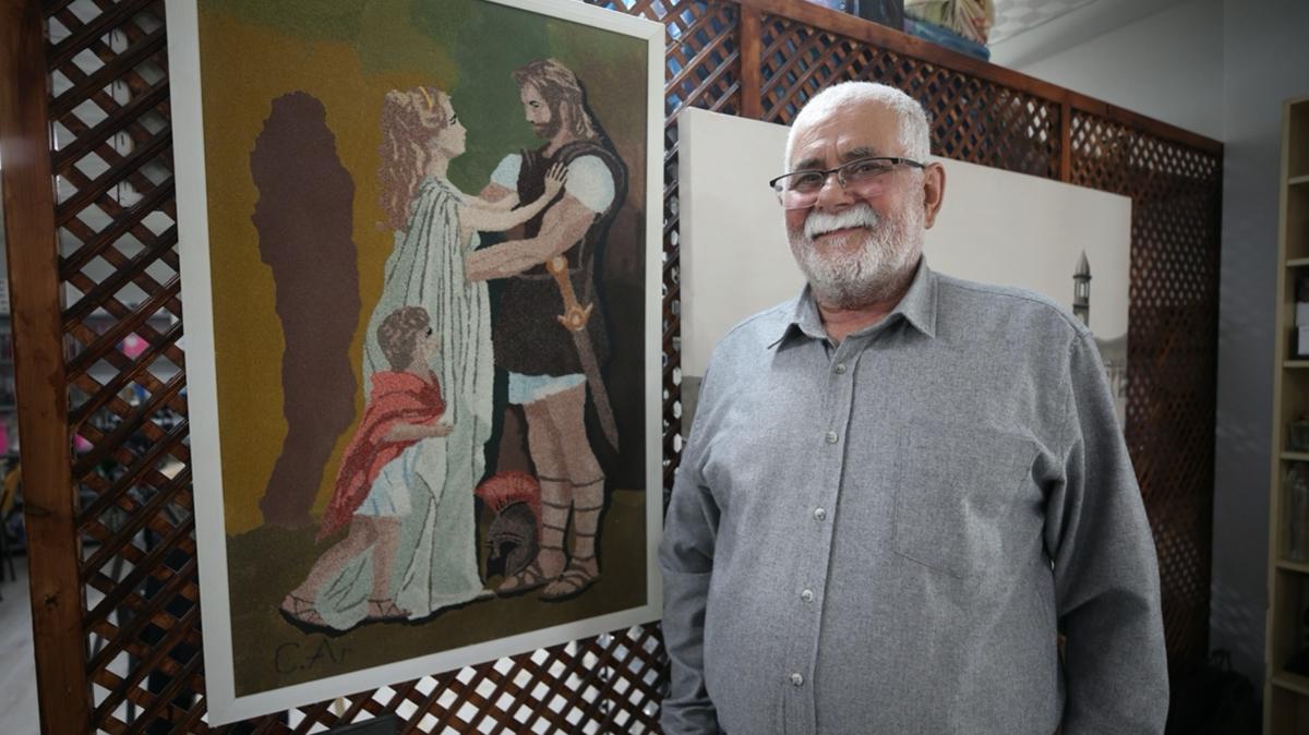 Kum taneleri emekli torna ustasnn ellerinde sanat eserine dnyor