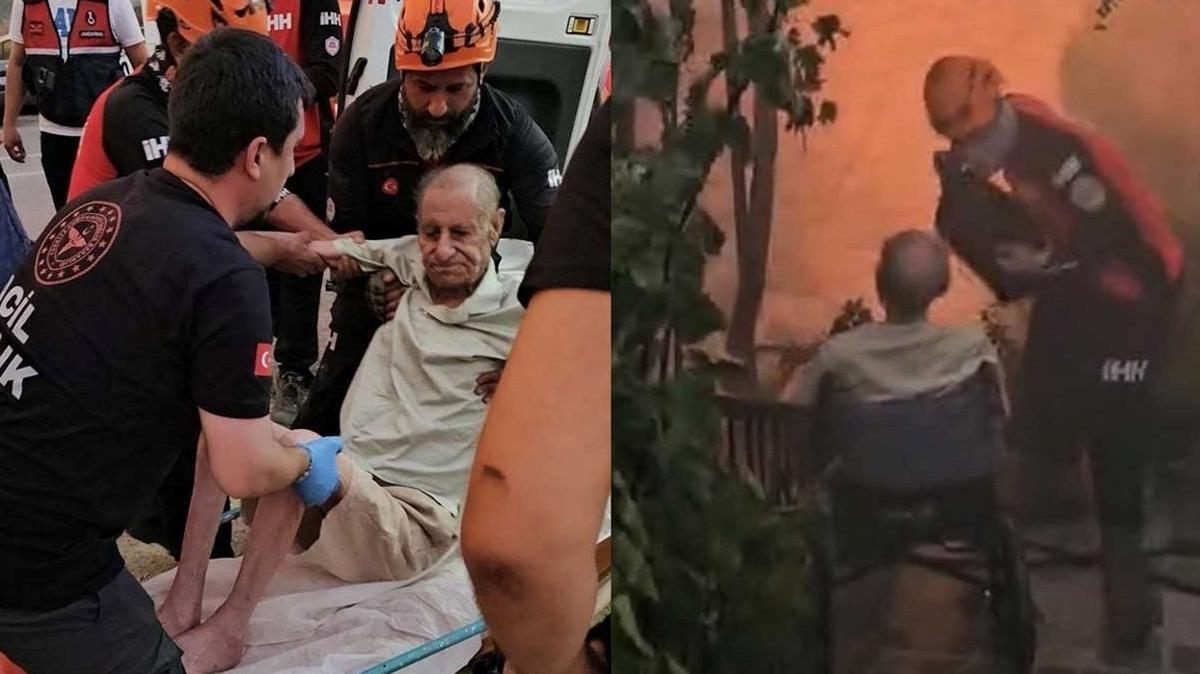Yangndan duygulandran grntler... Tekerlekli sandalyedeki yal adam byle kurtarld