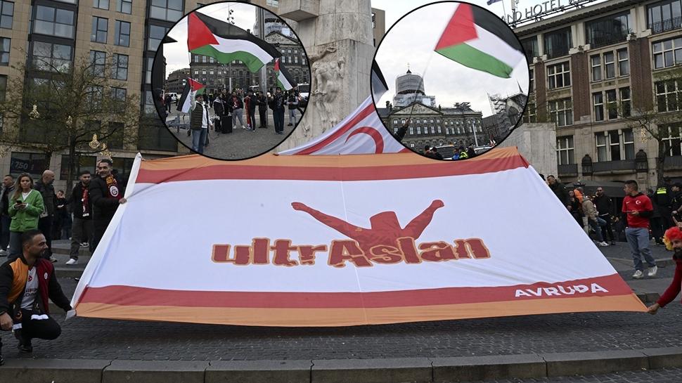 Galatasaray taraftarları Hollanda'da! Amsterdam'da Filistin bayrakları