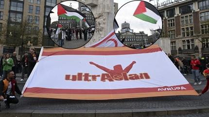 Galatasaray taraftarlar Hollanda'da! Amsterdam'da Filistin bayraklar