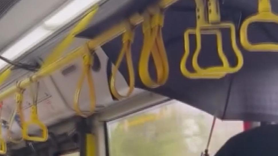 Yağmur yağdı: Otobüste ıslanmamak için şemsiye açtı