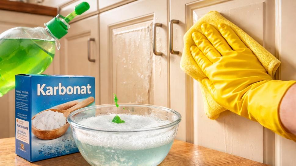 Mutfak dolaplar�n� karbonatla silerken suya 1 ka��k ekleyin! Ya�lar sap�r sap�r daml�yor