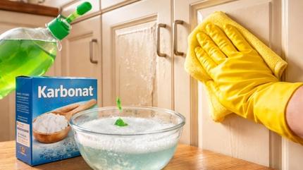 Mutfak dolaplar�n� karbonatla silerken suya 1 ka��k ekleyin! Ya�lar sap�r sap�r daml�yor
