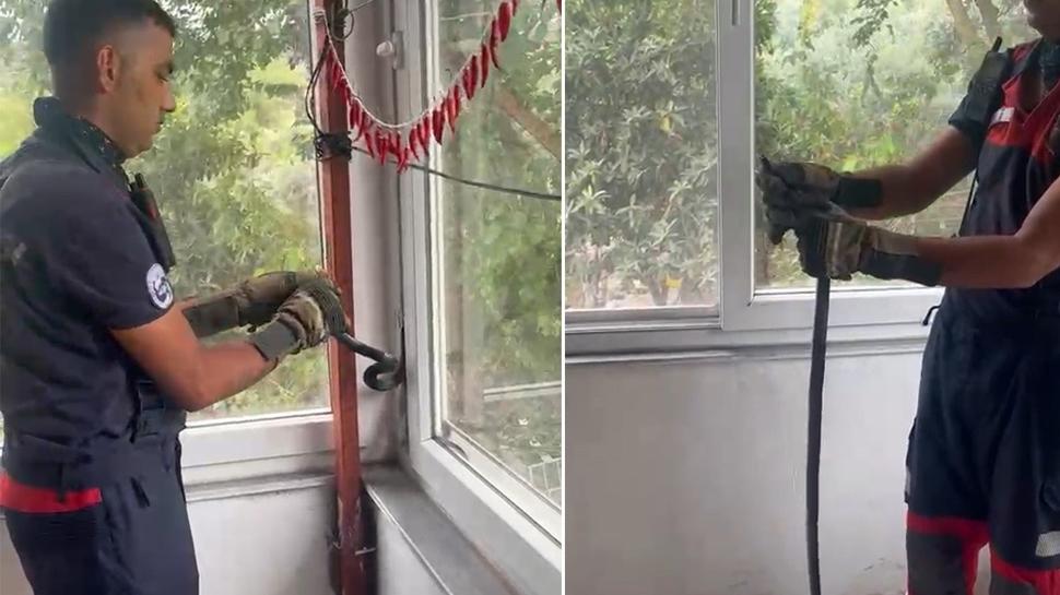 Pencereyle duvar arasına sıkıştı! kurtarılmasıyla ev sahibi rahat nefes aldı