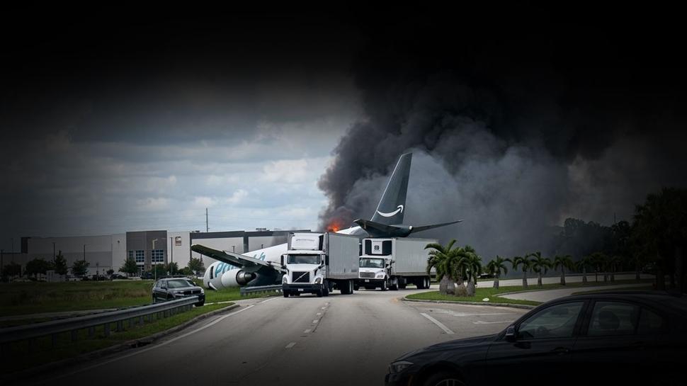 Miami'de gökyüzü karardı: Kargo uçağı pistten çıkıp alev aldı