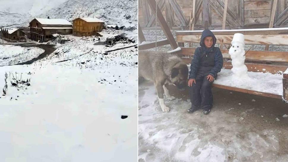 Eylül'de kar sürprizi: Tahpur Yaylası beyaza büründü
