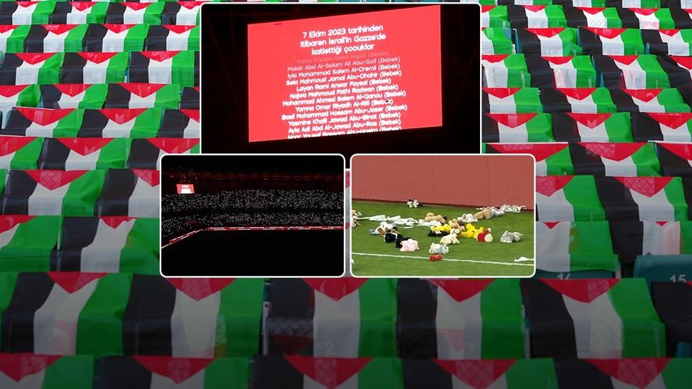 Konyaspor - Filistin maçında duygu dolu anlar! Maç durdu sahaya oyuncaklar atıldı