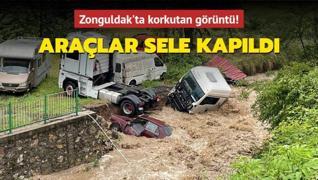 Zonguldak'ta korkutan görüntü! Dere taştı, araçlar sele kapıldı