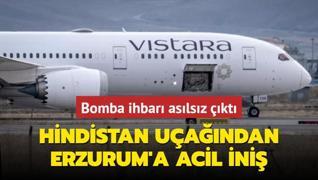 Hindistan'dan Almanya'ya giden uakta bomba ihbar! Erzurum'a acil ini yapt