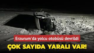 Erzurum'da yolcu otobs devrildi: ok sayda yaral var!