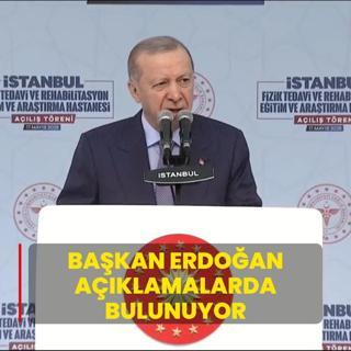 Bakan Erdoan, Fizik Tedavi ve Rehabilitasyon Hastanesi'nin alnda konuuyor