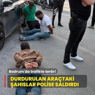 Bodrum'da trafikte terr! Durdurulan arataki ahslar polise saldrd